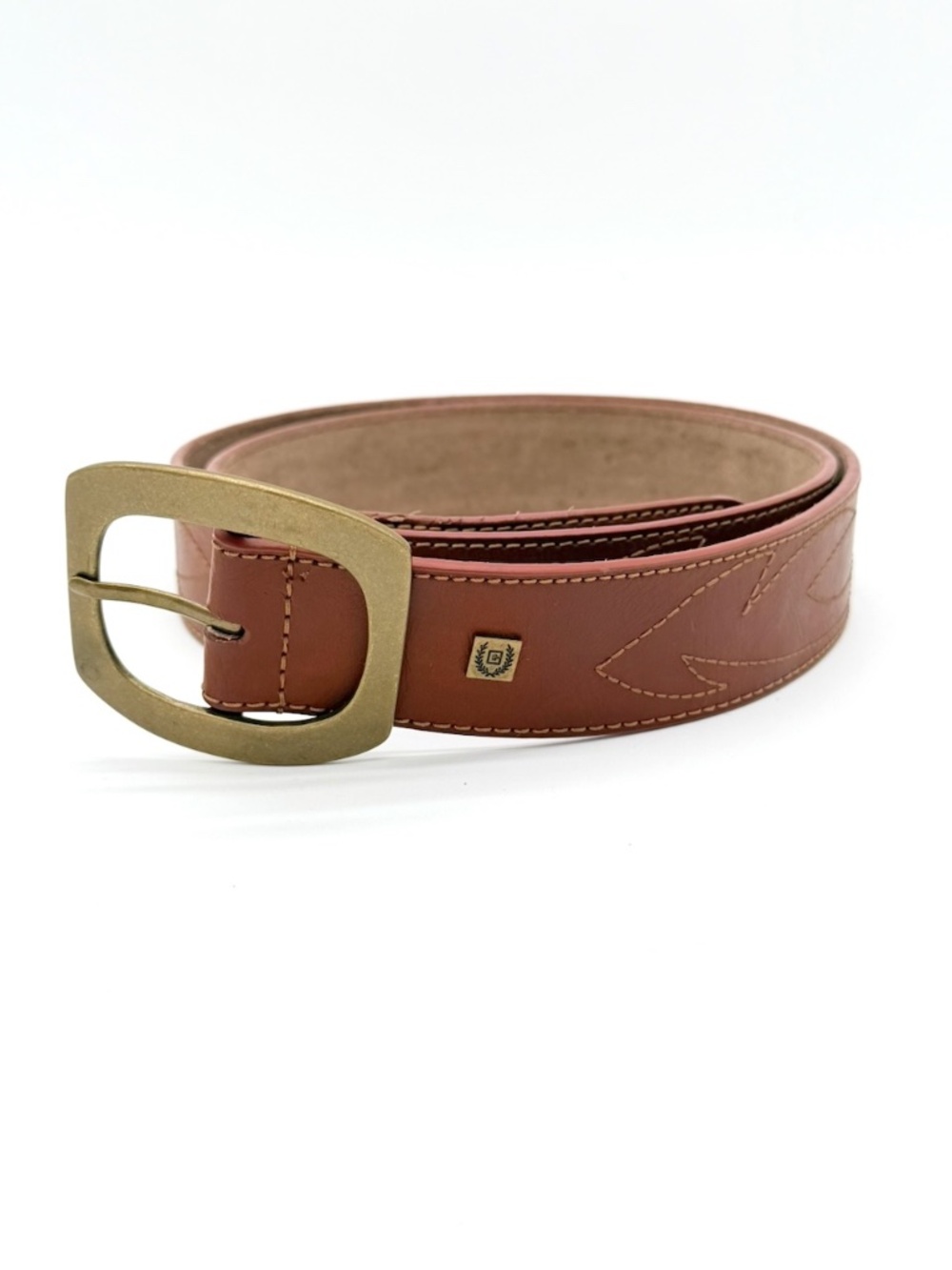 Chaps Brown Genuine Leather Belt Western Leaf Stitched Brass Buckle Casual Mens